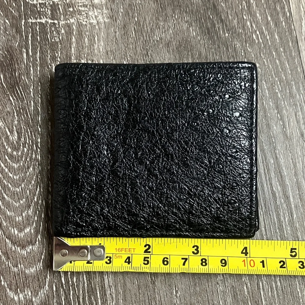 black bifold wallet made from genuine ostrich leather.